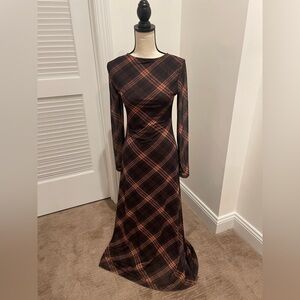 Commense Plaid Long Sleeve Sheer Dress Lined